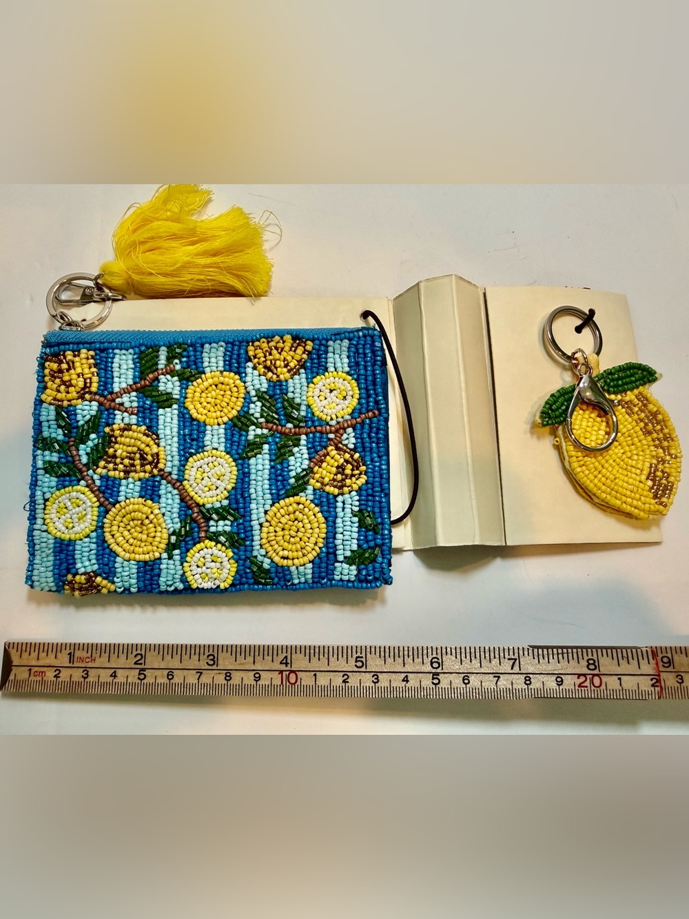 * NWOT Beaded Lemon Zippered Pouch & Keychain Set - Blue & Yellow